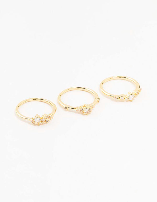 Gold Plated Dainty Cubic Zirconia Cluster Rings 3-Pack