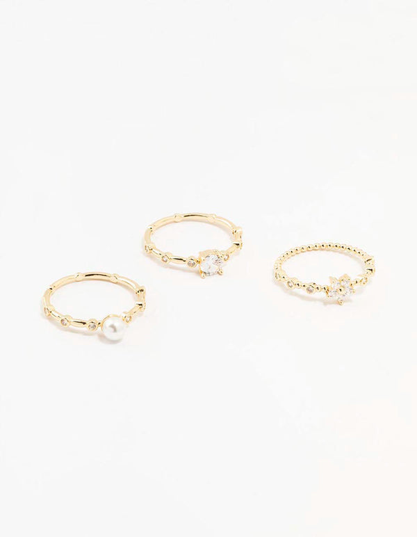 Gold Plated Bamboo Pearl Rings 3-Pack