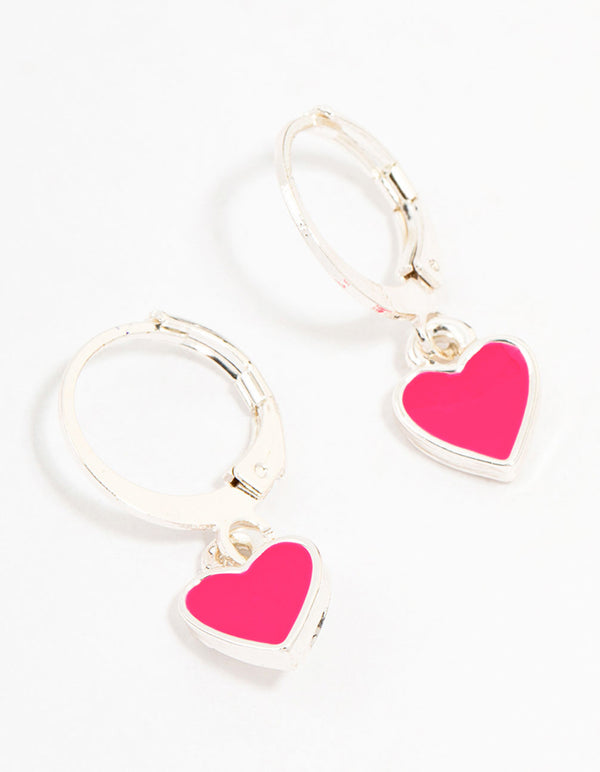 Pink Silver Drop Heart Huggie Earrings