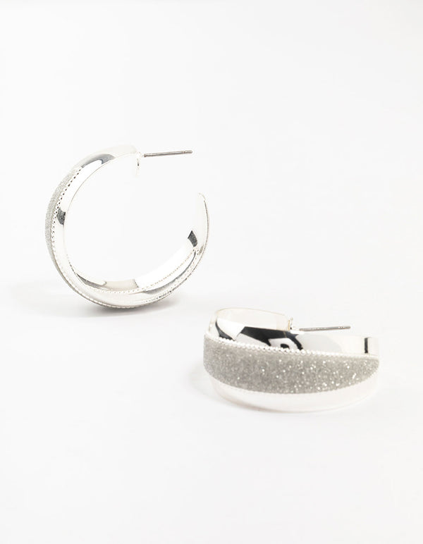 Silver Wide Pointed Glitter Hoop Earrings