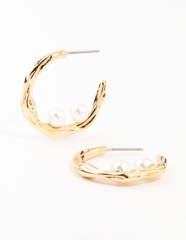 Hammered Gold Pearl Hoop Earrings