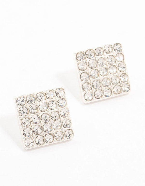 Silver Pave Diamante Square Stud Earrings