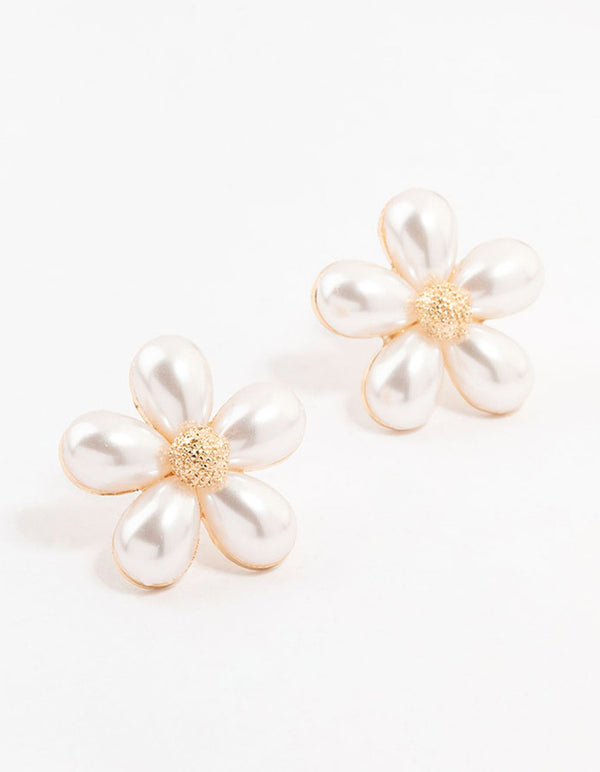 Large Gold Pearl Flower Stud Earrings