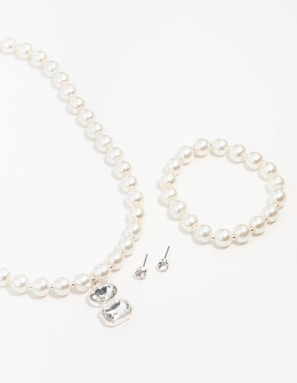 Silver Pearl & Diamante Matching Jewellery Set