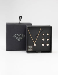 Gold Multiple Cubic Zirconia 6-Pack Stud  Earrings & Necklace Set - link has visual effect only