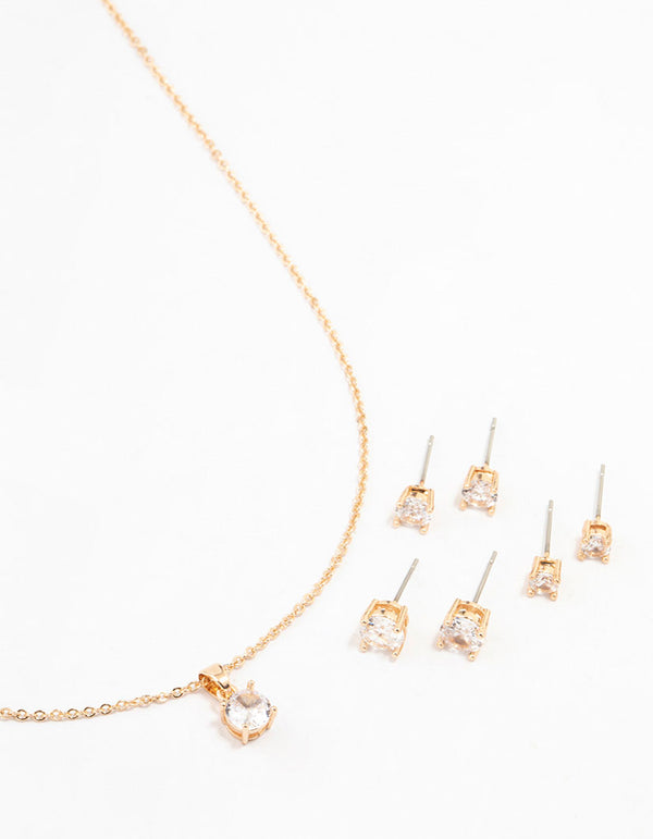 Gold Multiple Cubic Zirconia 6-Pack Stud  Earrings & Necklace Set