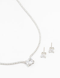 Square Rhodium Cubic Zirconia Necklace & Stud Earrings Pack - link has visual effect only