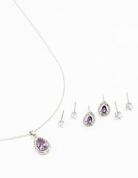 Rhodium Multiple Purple & Silver  Pear Earring & Necklace Set - link has visual effect only