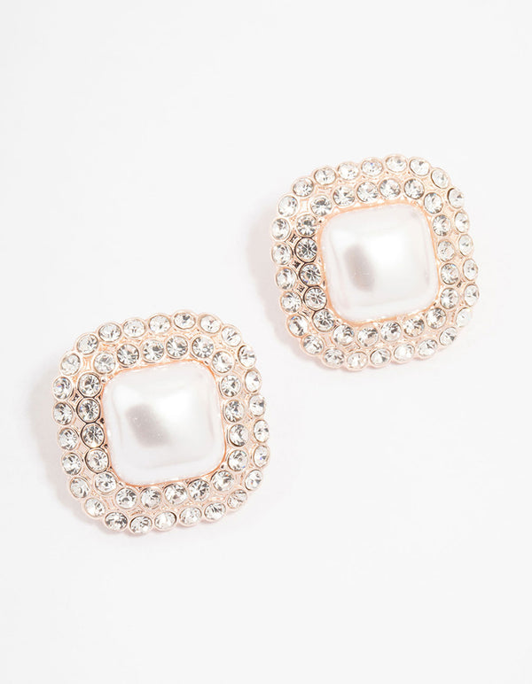 Rose Gold Large Pearl & Diamante Stud Earrings