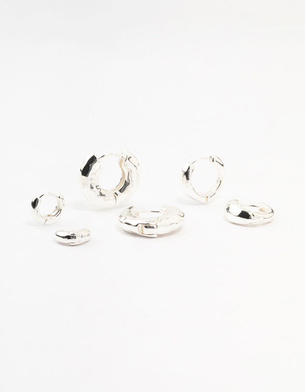 Silver Plated Hammered Graduating Hoop Earrings 3-Pack