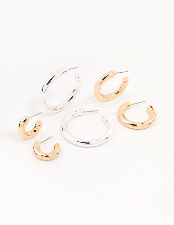 Mixed Metals Mixed Size Puff Hoop Earrings 3-Pack