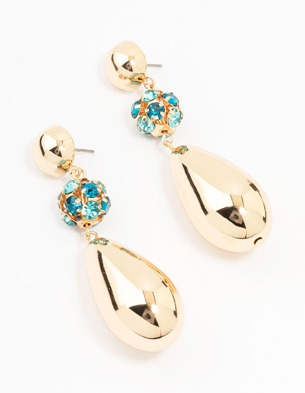 Gold Teardrop Diamante Ball Drop Earrings