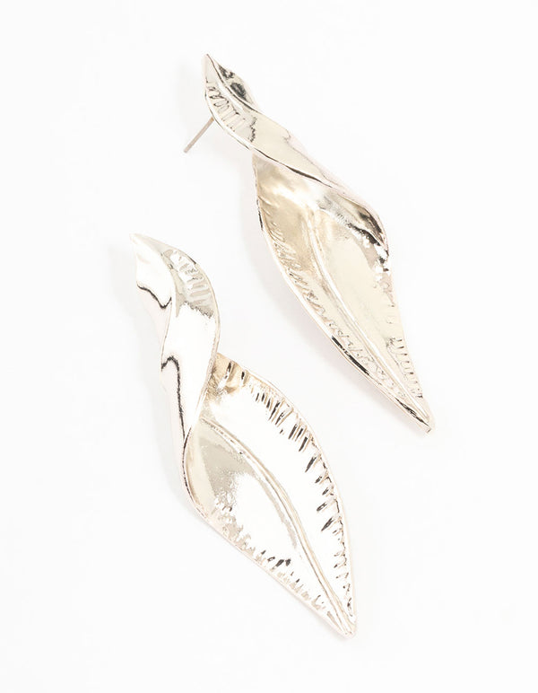 Rhodium Folded Leaf Stud Earrings