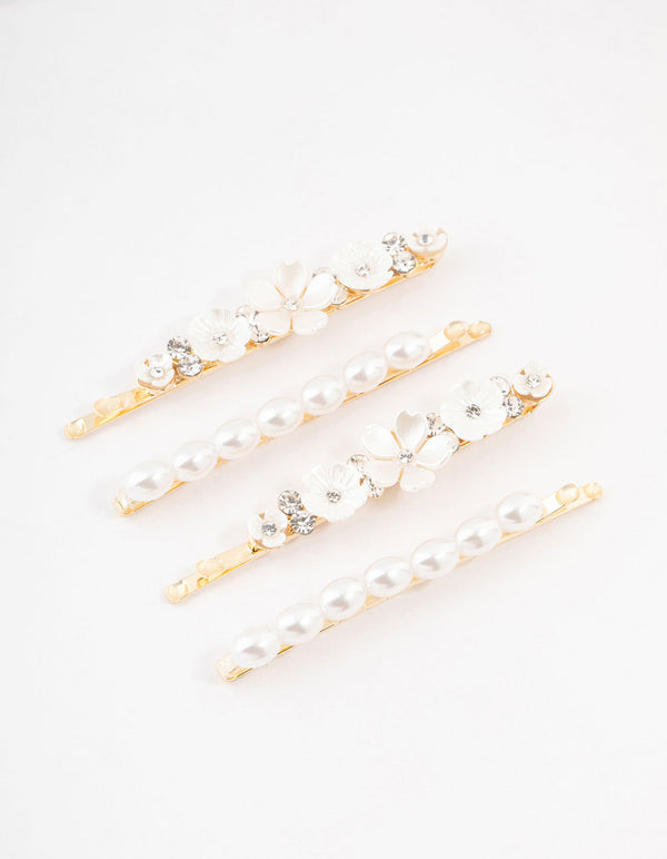 Gold Diamante & Flower Pearl Clips 4-Pack