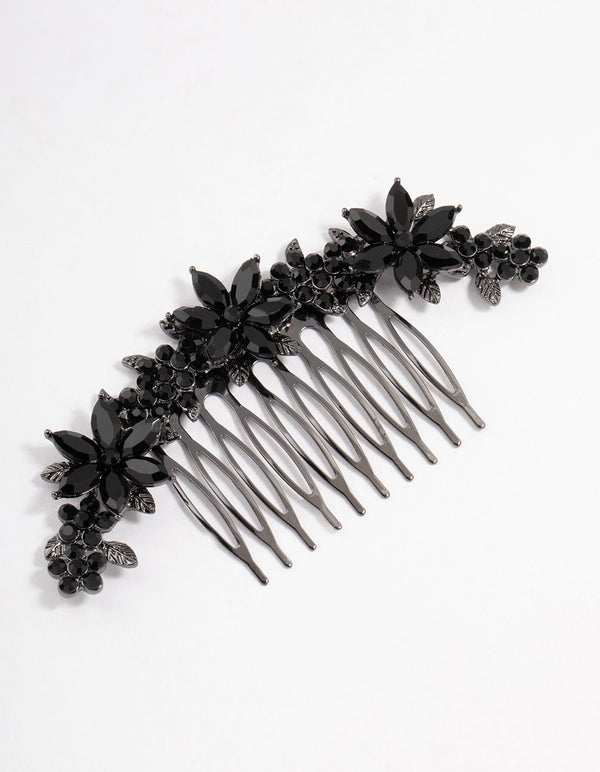 Black Coated Simple Diamante Flower Hair Comb