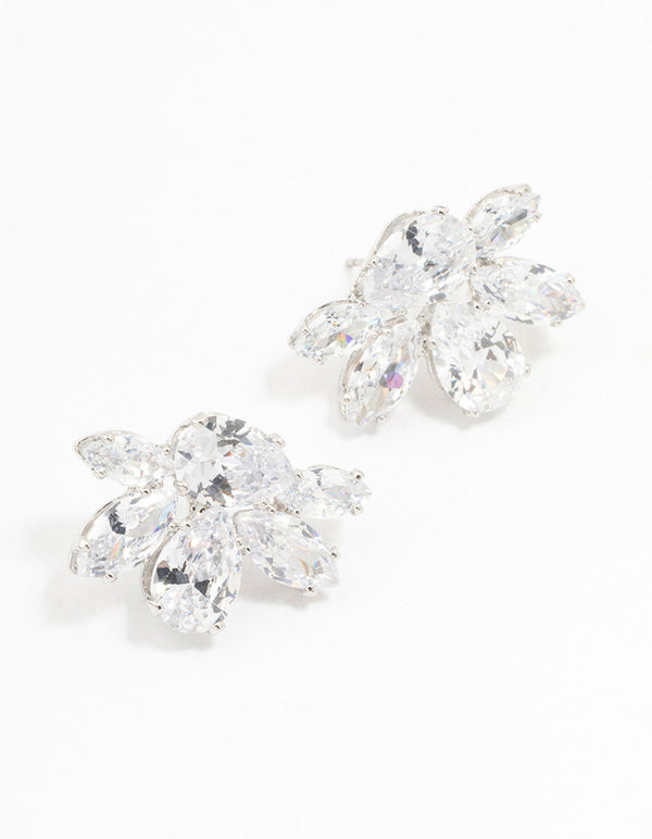 Silver Cubic Zirconia Cluster Teardrop Stud Earrings