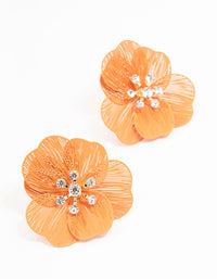 Orange Coated Textured Flower Diamante Stone Earrings - link has visual effect only