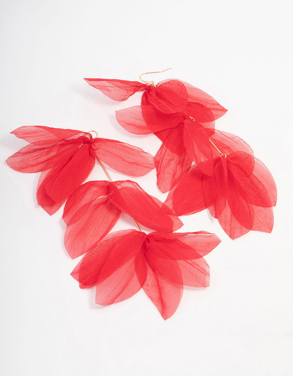 Red Chiffon Fabric Petal Leaf Drop Earrings