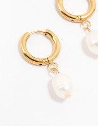 Gold Plated Stainless Steel Freshwater Pearl Drop Huggie Earrings - link has visual effect only