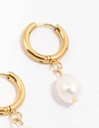 Gold Plated Stainless Steel Freshwater Pearl Drop Huggie Earrings - link has visual effect only