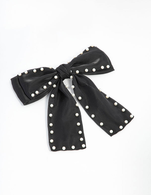 Pearl Black Fabric Organza Bow Clip