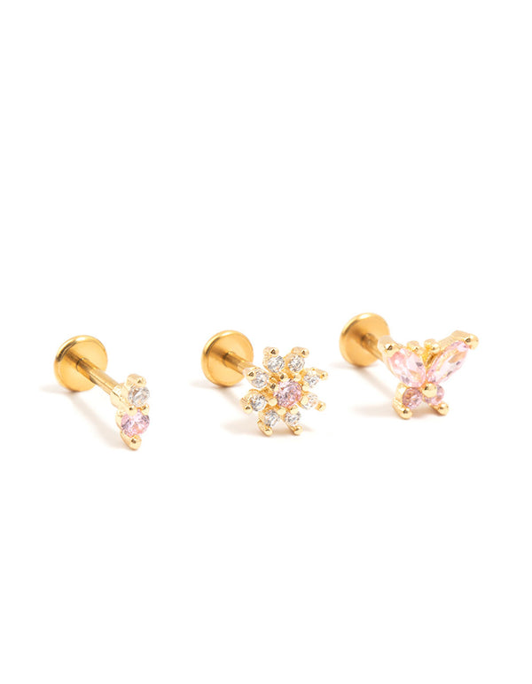 Gold Plated Surgical Steel Butterfly & Flower Flatbacks 3-Pack