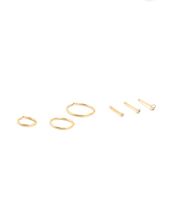 Gold Plated Titanium Ring & Cubic Zirconia Stud Nose Piercings 6-Pack