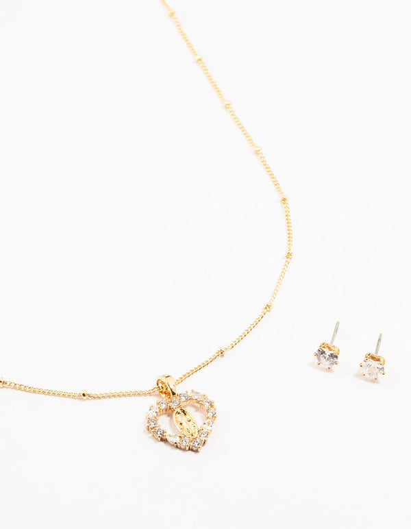 Gold Plated Diamante Heart Mary Necklace & Stud Earrings Set