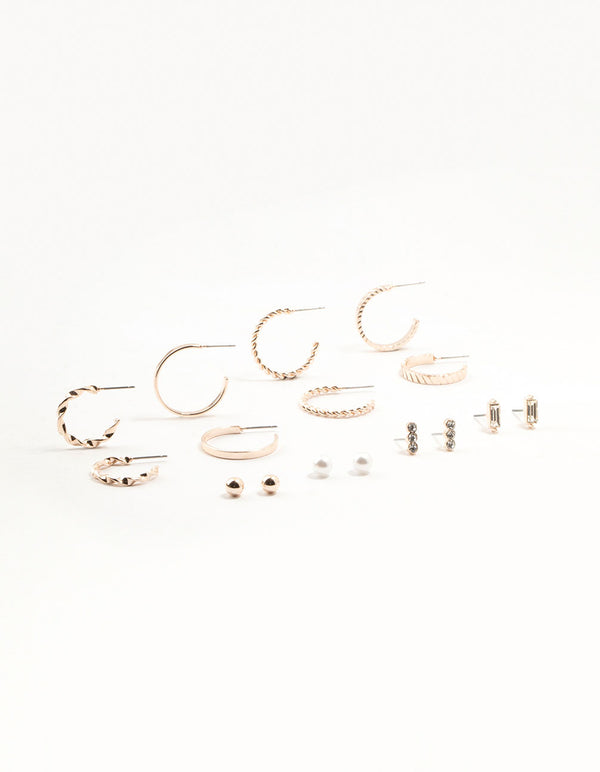 Rose Gold Diamante Pearl Hoop Earrings 8-Pack