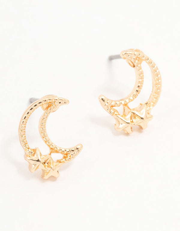 Gold Stapled Moon & Star Stud Earrings