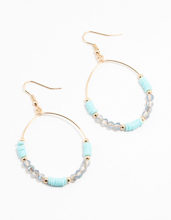 Gold & Blue Beaded & Disc Hoop Drop Earrings