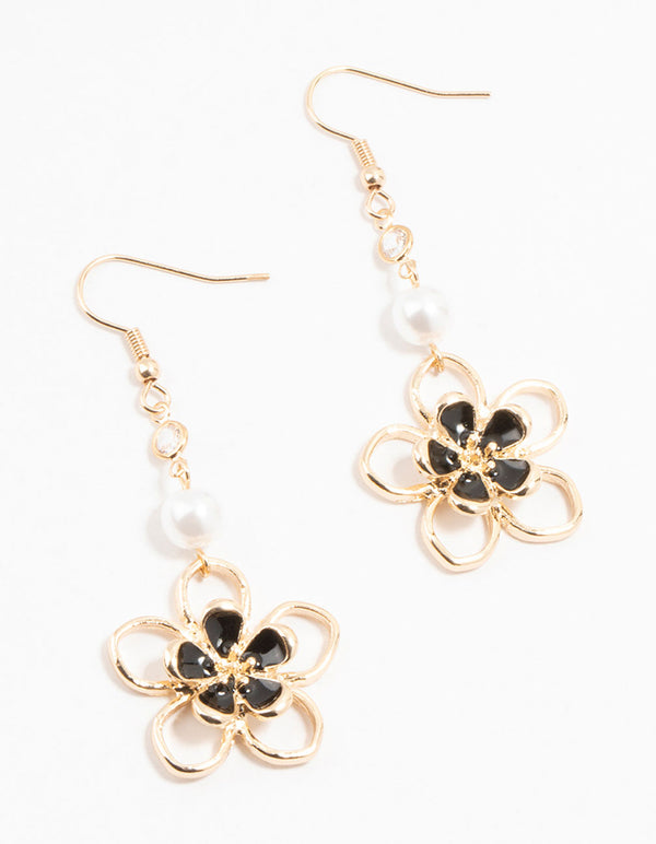 Gold Cutout Black Flower Pearl Drop Earrings