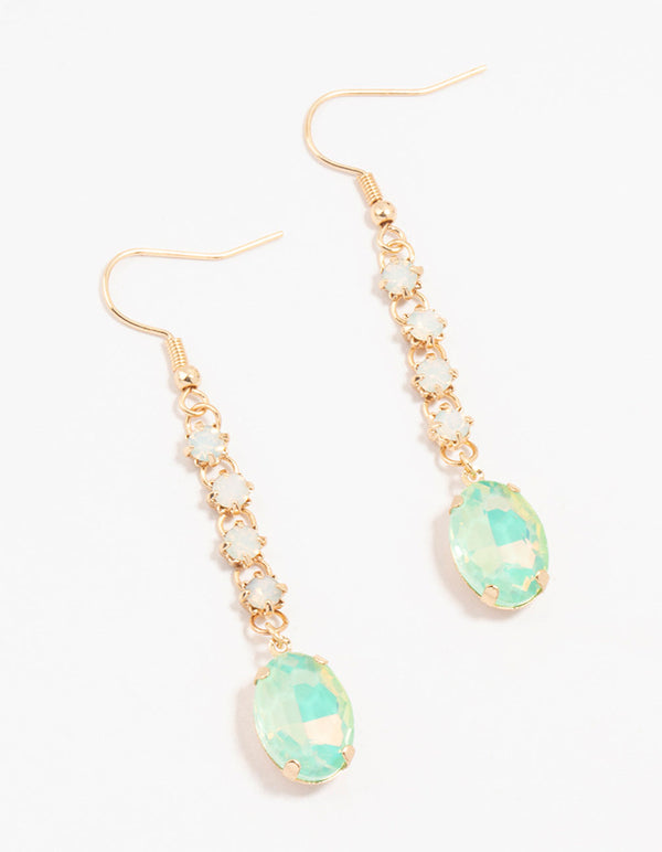 Gold & Green Cup Chain Diamante Oval Drop Earrings