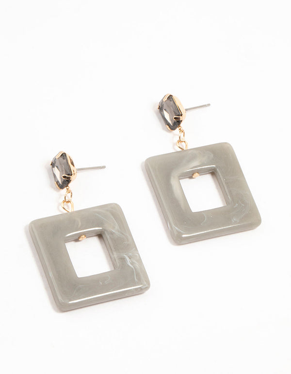 Grey Acrylic Cutout Square Drop Gold Earrings