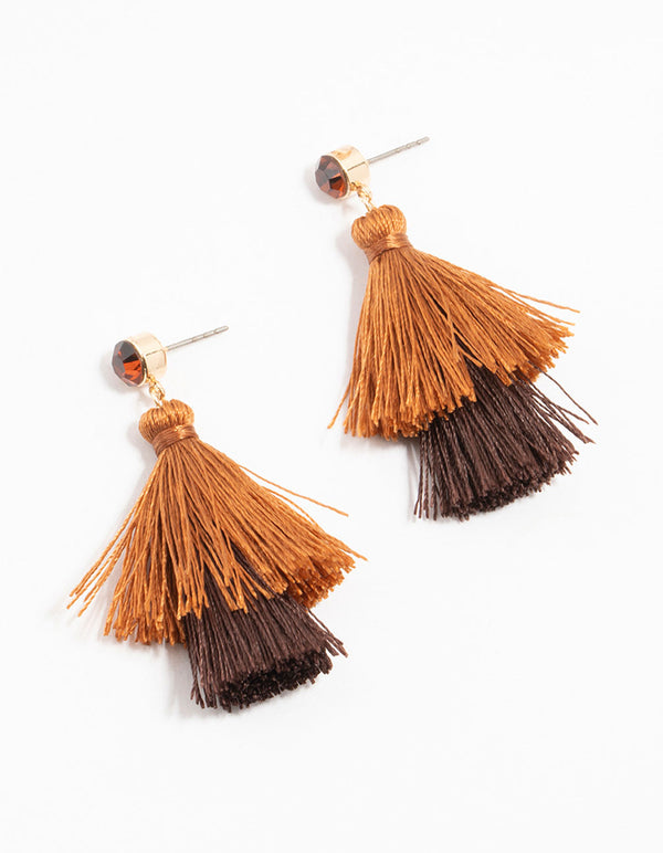 Brown Fabric Tassel Diamante Drop Earrings