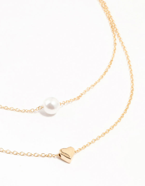 Gold Double Chain Pearl & Heart Necklace