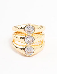 Gold Plated Textured 3 Row Cubic Zirconia Ring - link has visual effect only