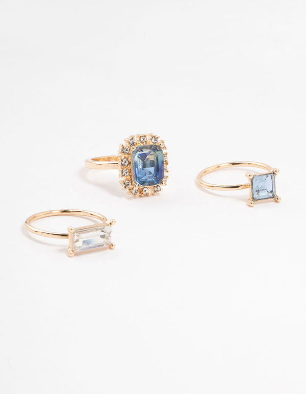 Rose Gold Framed Blue & Silver  Diamante Rings 3-Pack