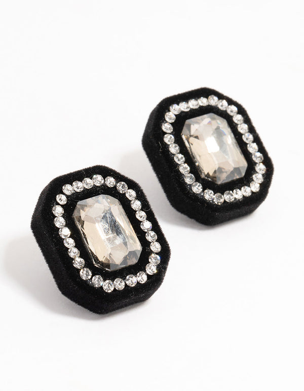 Black Velvet Fabric Diamante Stud Earrings