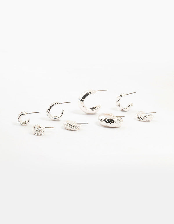 Silver Plated Molten Hoop Earrings 4-Pack