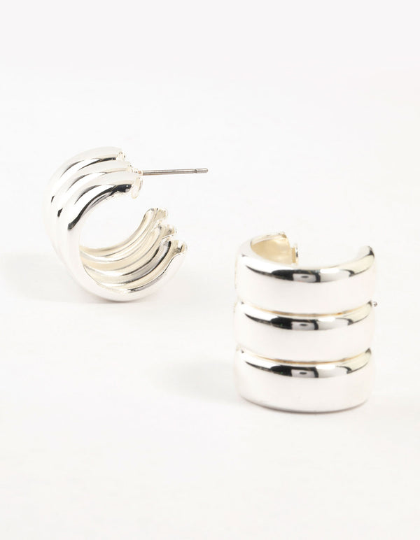 Silver Plated Wide Ribbed Barrel Stud Earrings