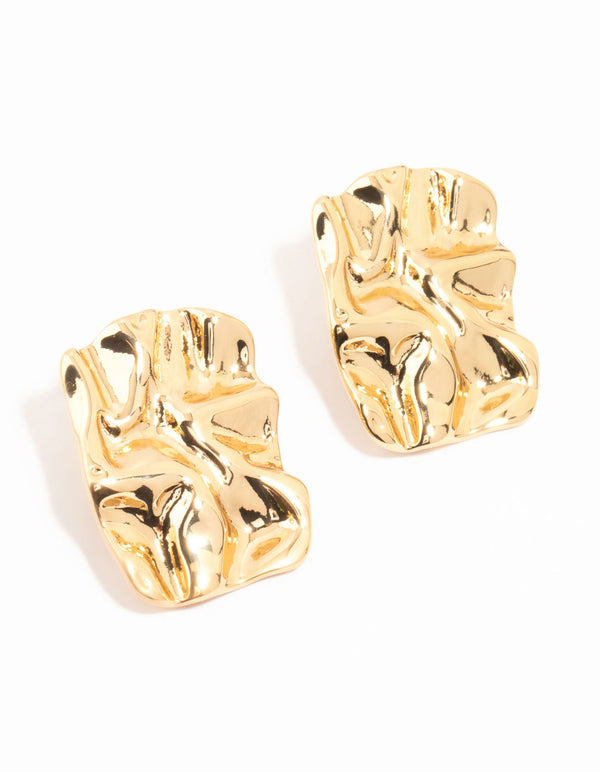 Gold Plated Molten Rectangle Stud Earrings