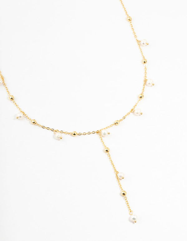 Gold Plated Alternating Pearl & Ball Y Necklace