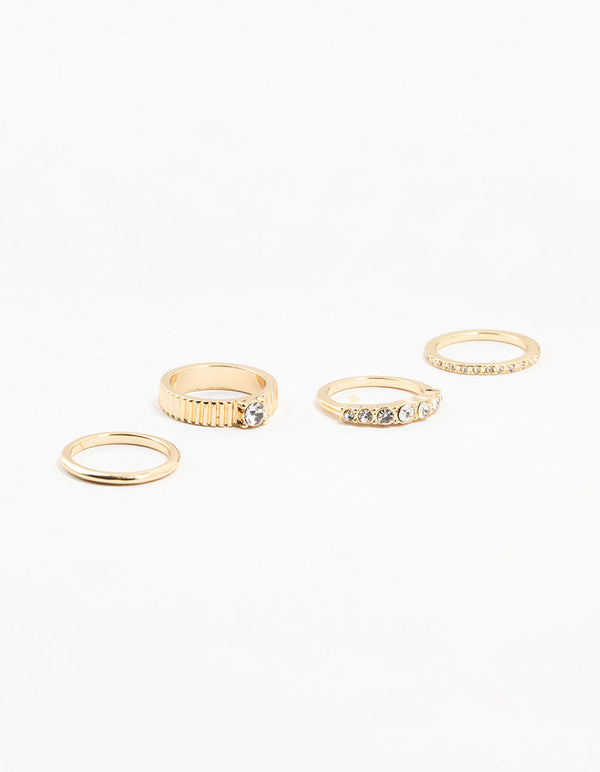 Gold Plated Ribbed  & Diamante Rings 4-Pack