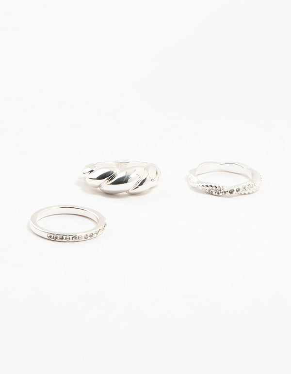 Silver Plated Diamante Twisted Ring Pack