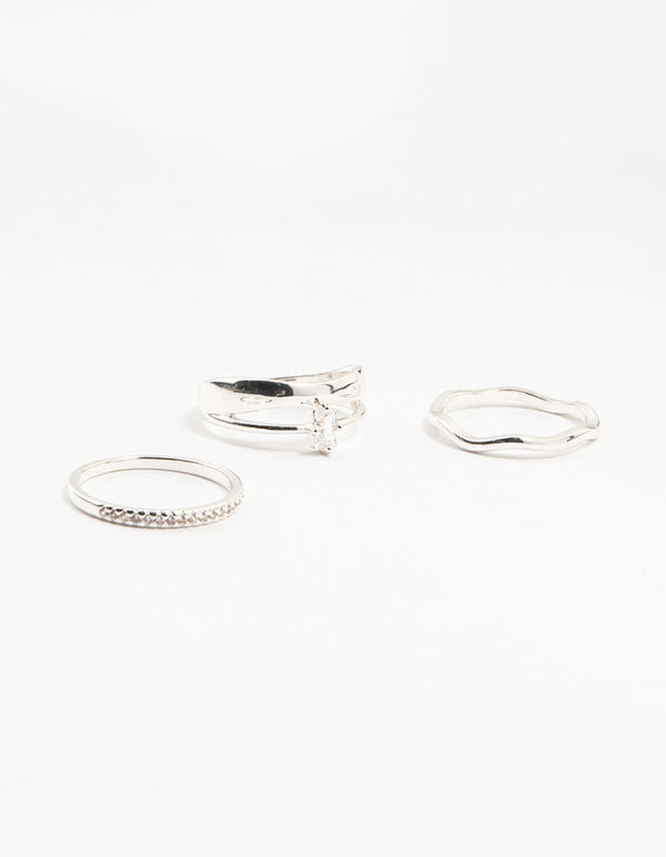 Silver Plated Diamante Baguette Wave Rings 3-Pack