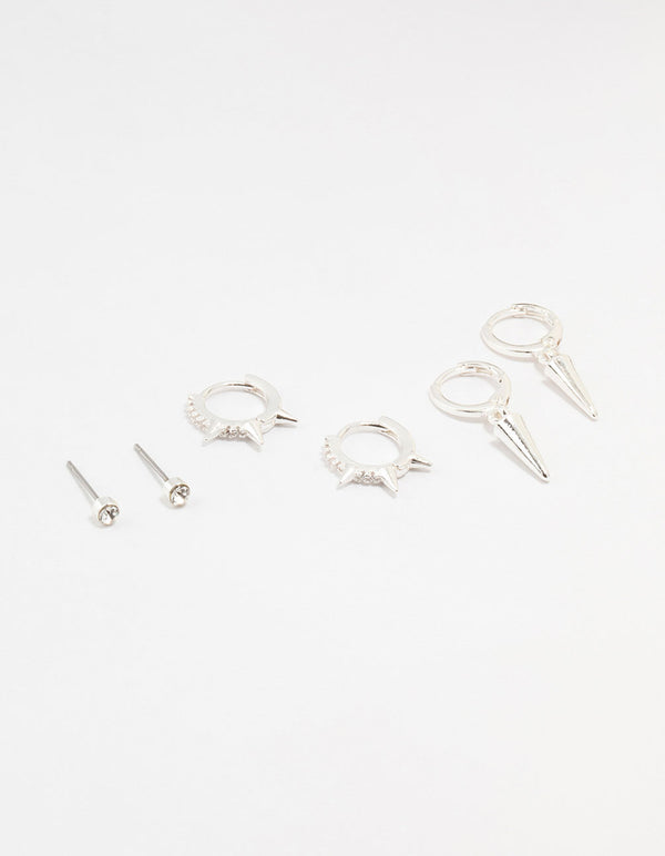 Silver  Diamante Spikey Earrings 3-Pack