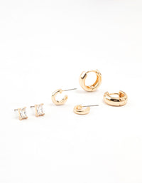 Gold Classic Cubic Zirconia Stud & Hoop Earrings 3-Pack - link has visual effect only