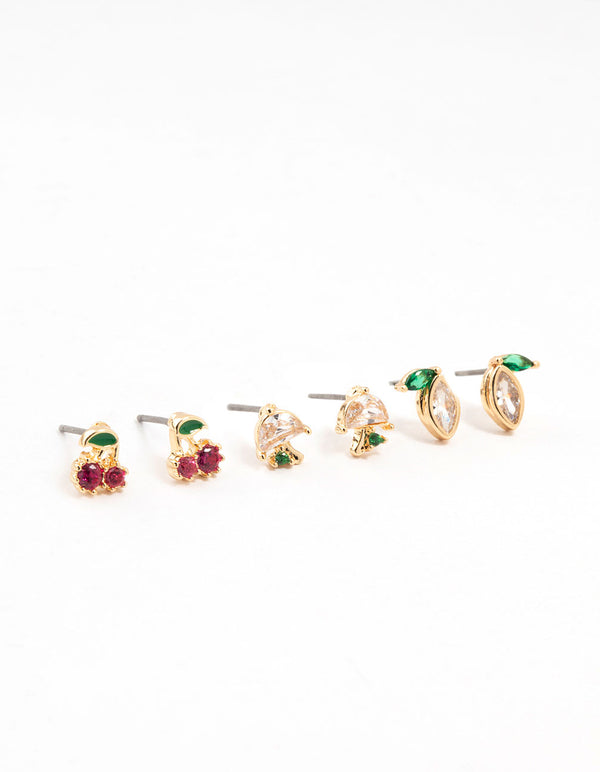 Gold Cubic Zirconia Mixed Fruit Stud Earrings 3-Pack