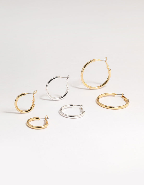 Mixed Metals Basic Thick Hoop Earrings 3-Pack